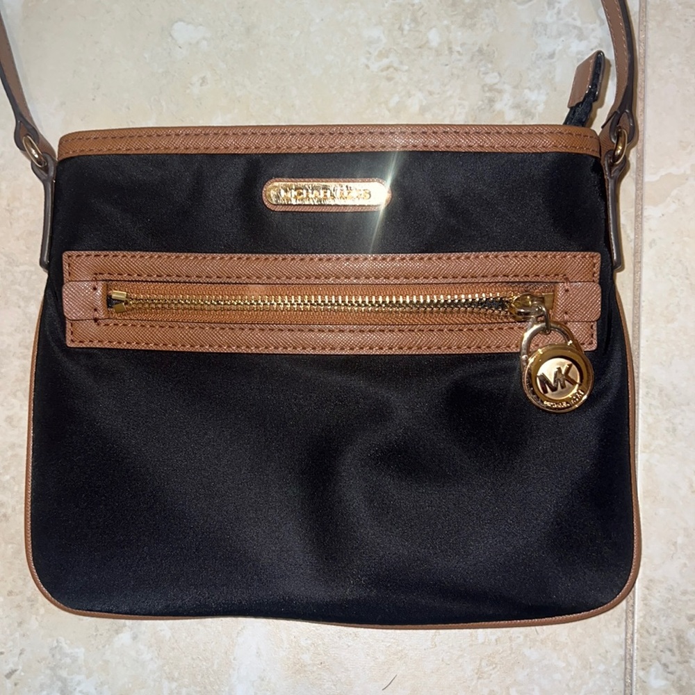 Michael Kors Black and Brown Crossbody Bag with Gold Hardware